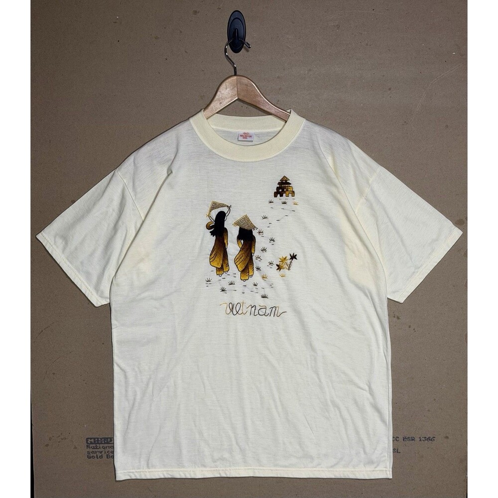 Vintage Vietnam Hand Embroidered Ao Dai Pagoda Souvenir T Shirt XXXL